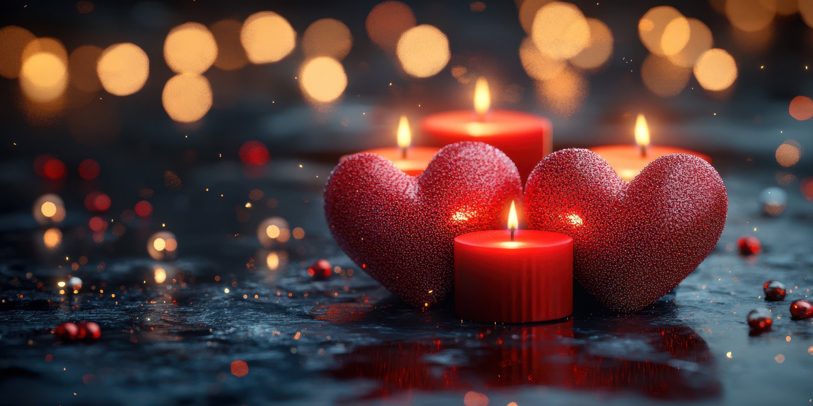 Celebrating love with red candles and heart decorations in a cozy evening setting